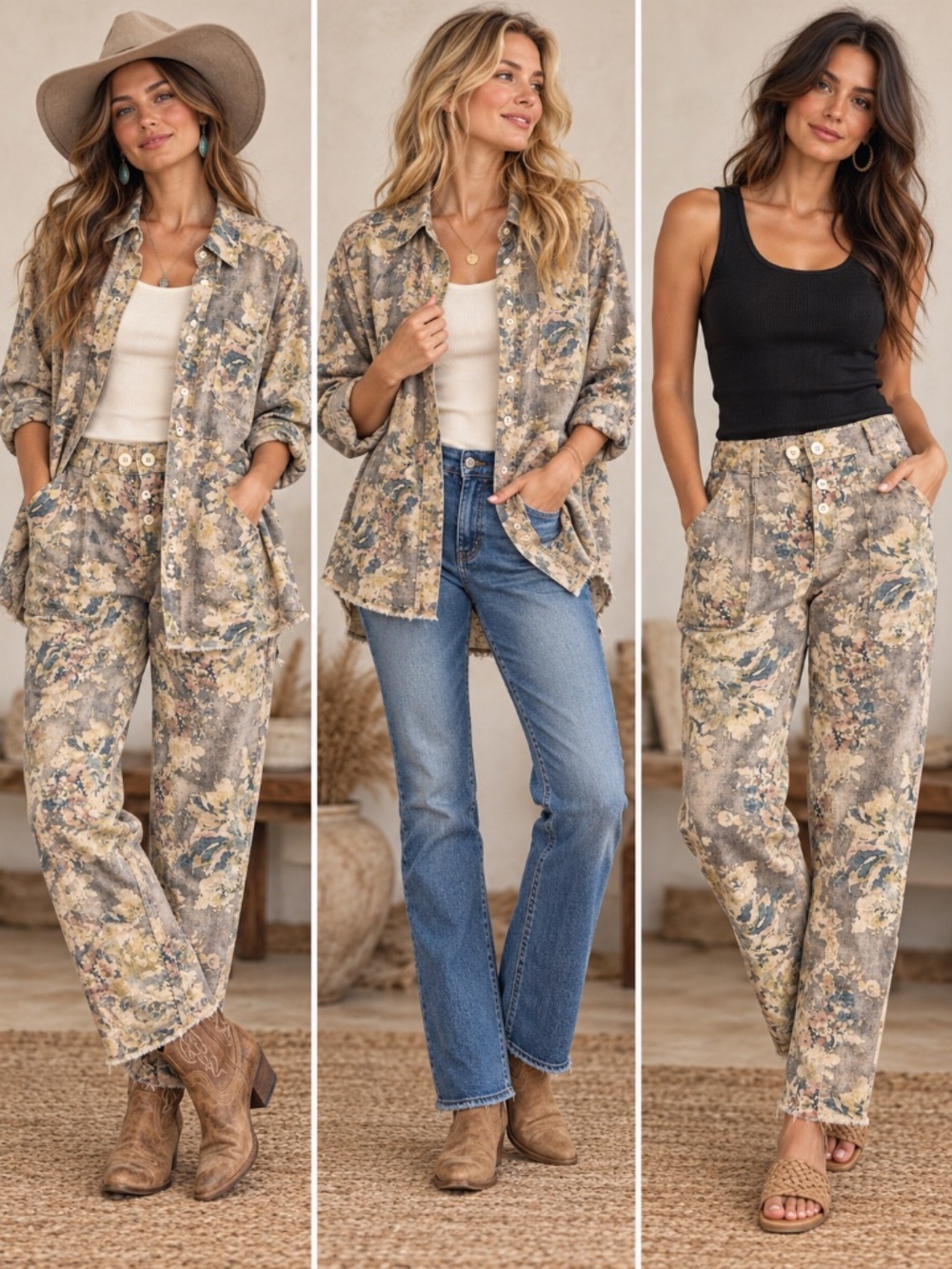 Jaded Gypsy Floral 2-Piece Shirt & Pants Set — Top O/S, Pants S/M